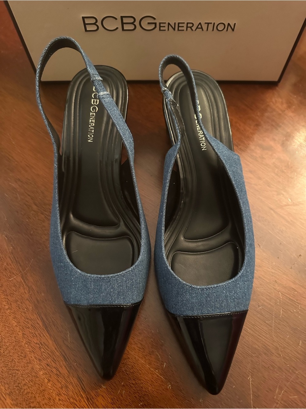 BCBGeneration Blue Denim and Black Patent Slingback Mules
